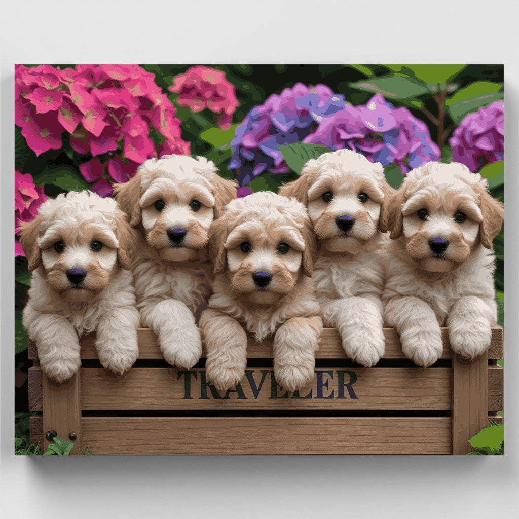 Cachorros Labradoodle en jardín de flores - Kit de pintura por números — Estándar