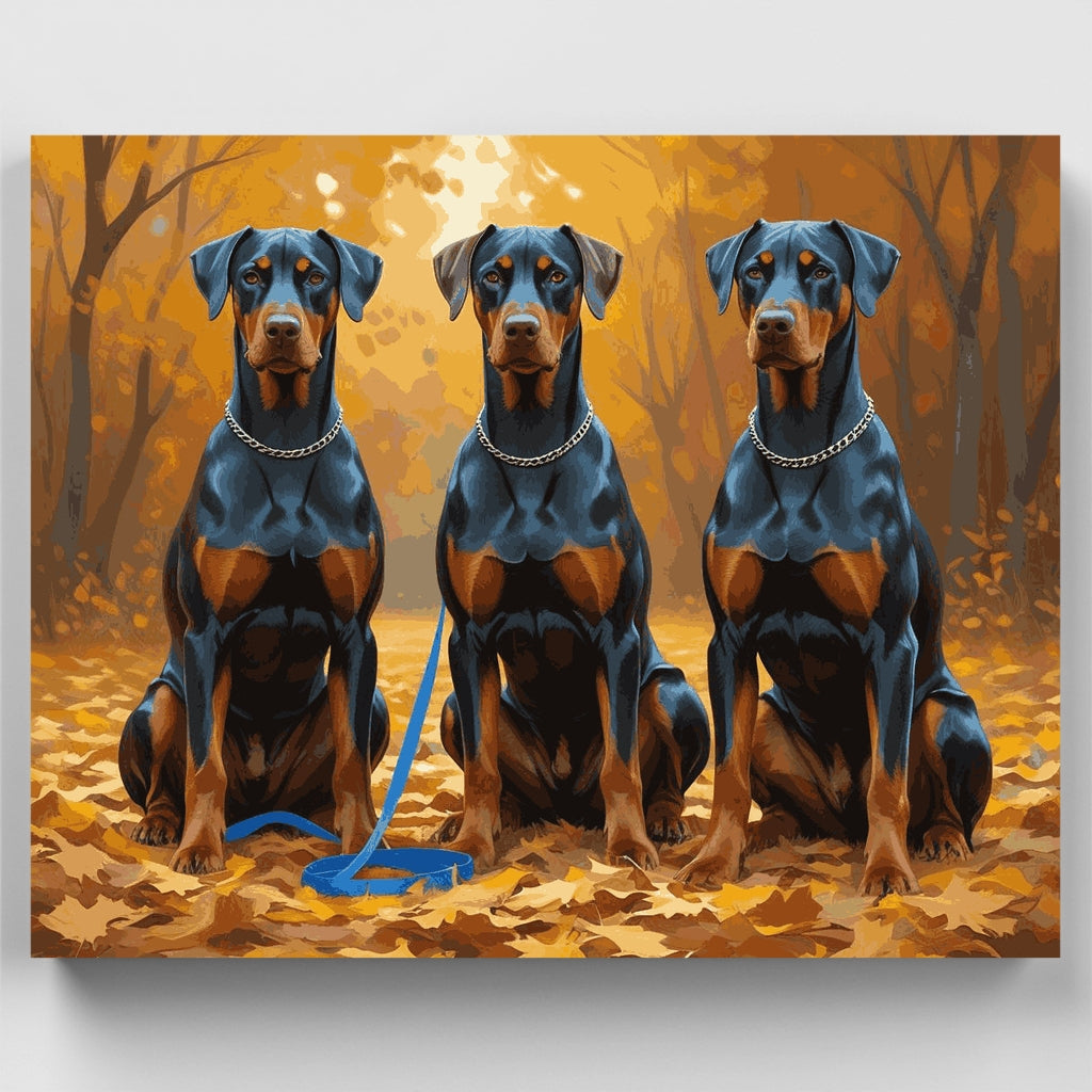 Three Dobermans in Autumn Forest - Paint by Numbers Kit