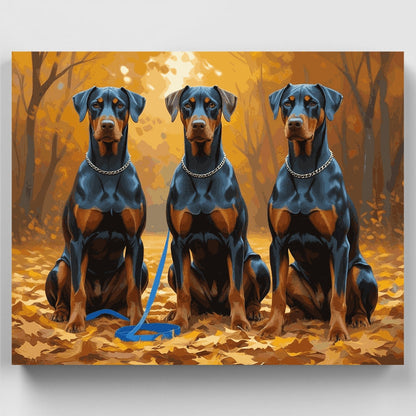 Three Dobermans in Autumn Forest - Paint by Numbers Kit