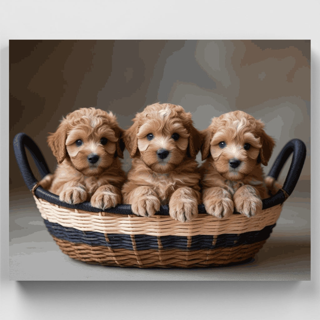 Three Goldendoodle Puppies in a Basket - Paint by Numbers Kit