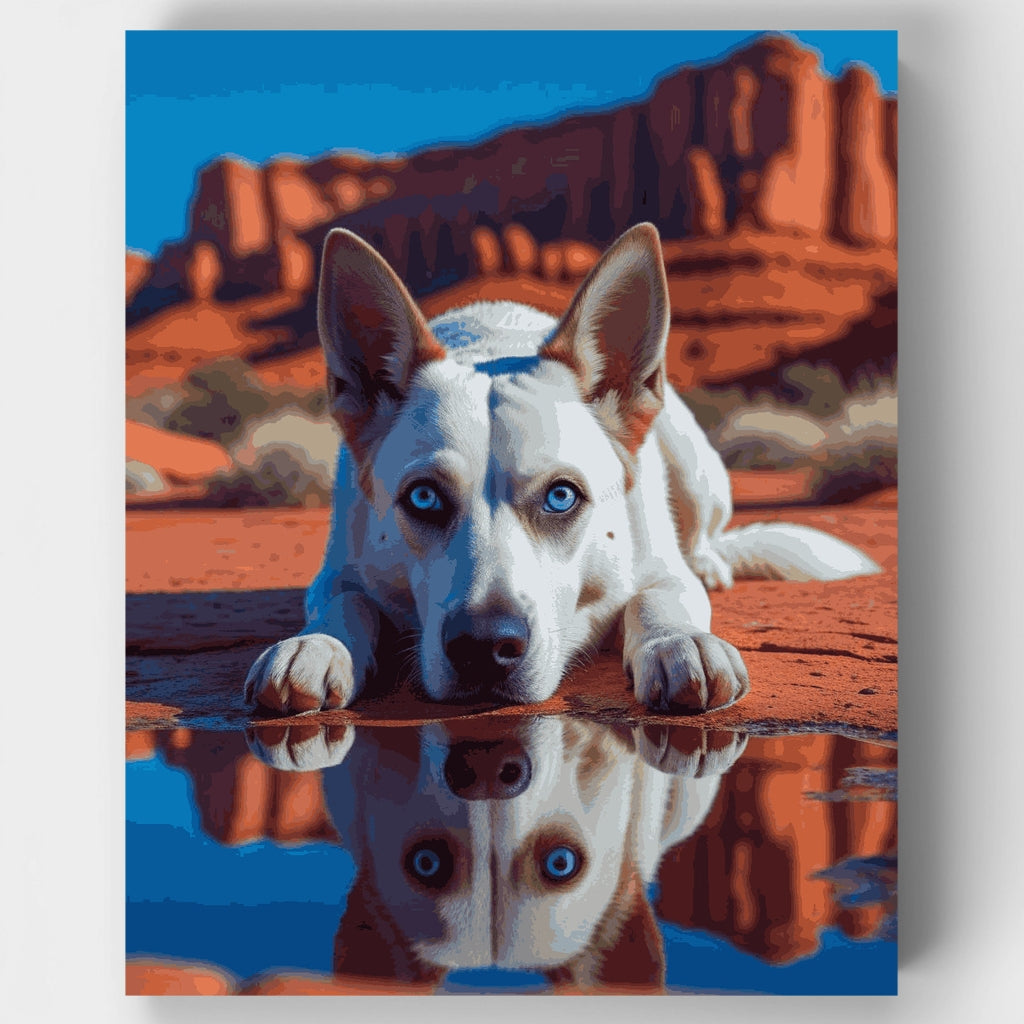 Husky descansando junto a una formación rocosa en el desierto - Kit de pintura por números — Estándar