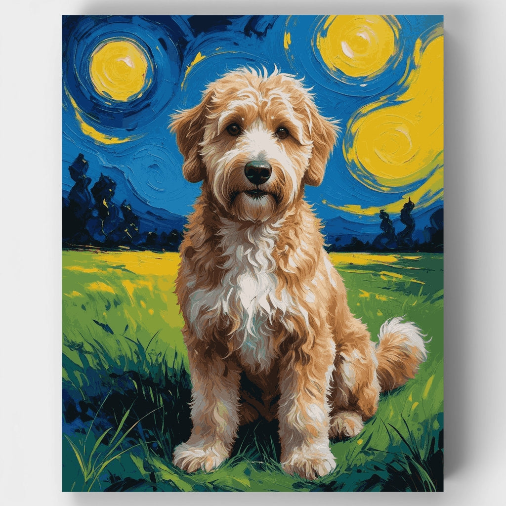 Goldendoodle bajo una noche estrellada - Kit de pintura por números — Estándar