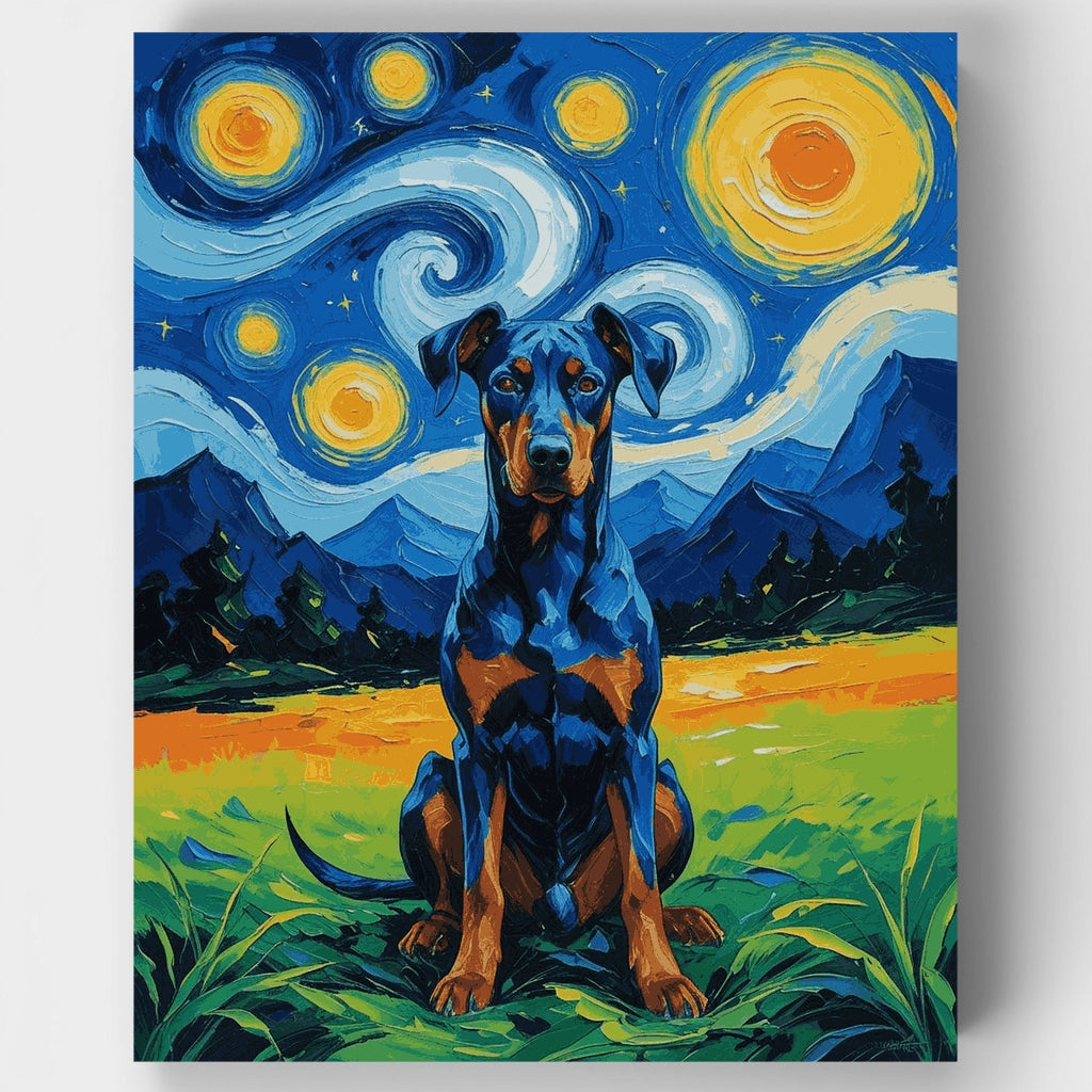 Kit de pintura por números: Doberman Noche estrellada — Estándar