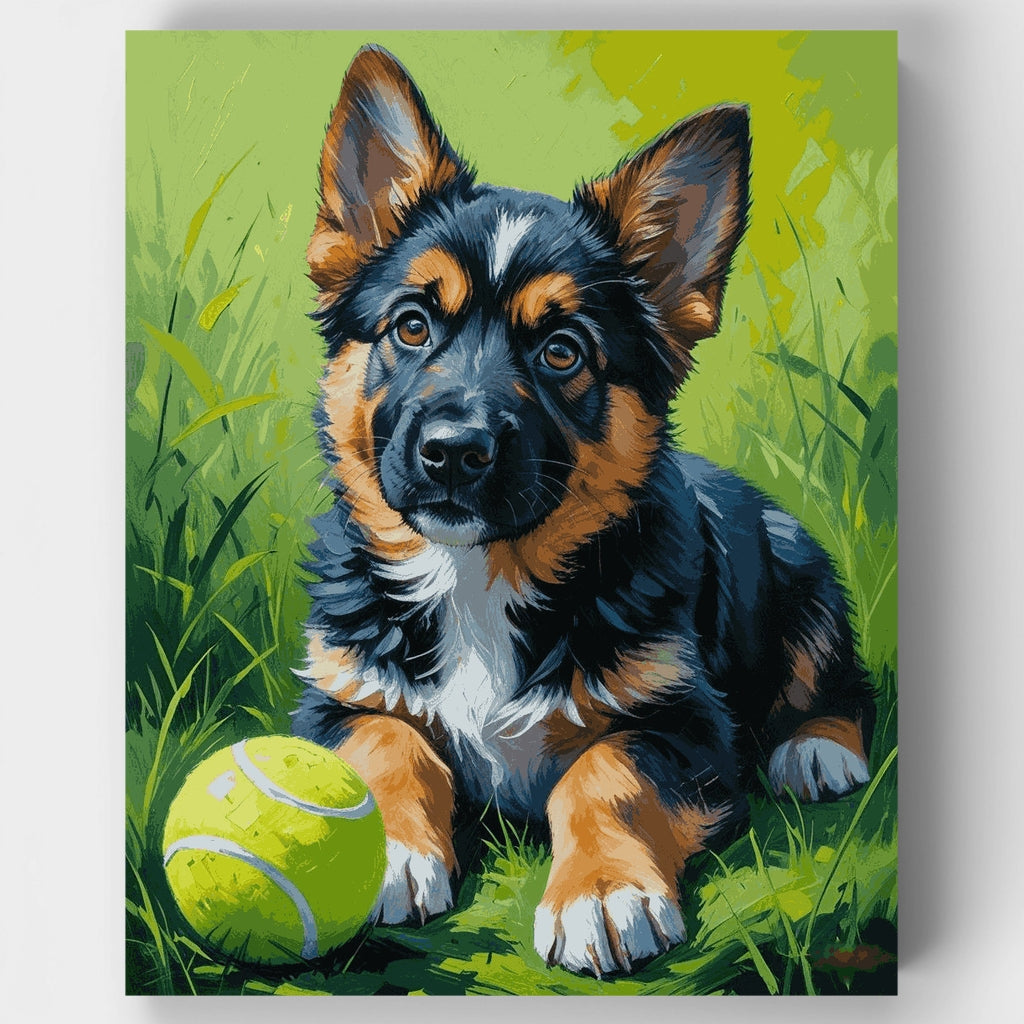 German Shepherd Puppy with Tennis Ball - Paint by Numbers Kit