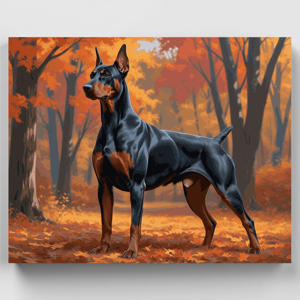 Majestuoso Dóberman en bosque otoñal - Kit de pintura por números — Estándar