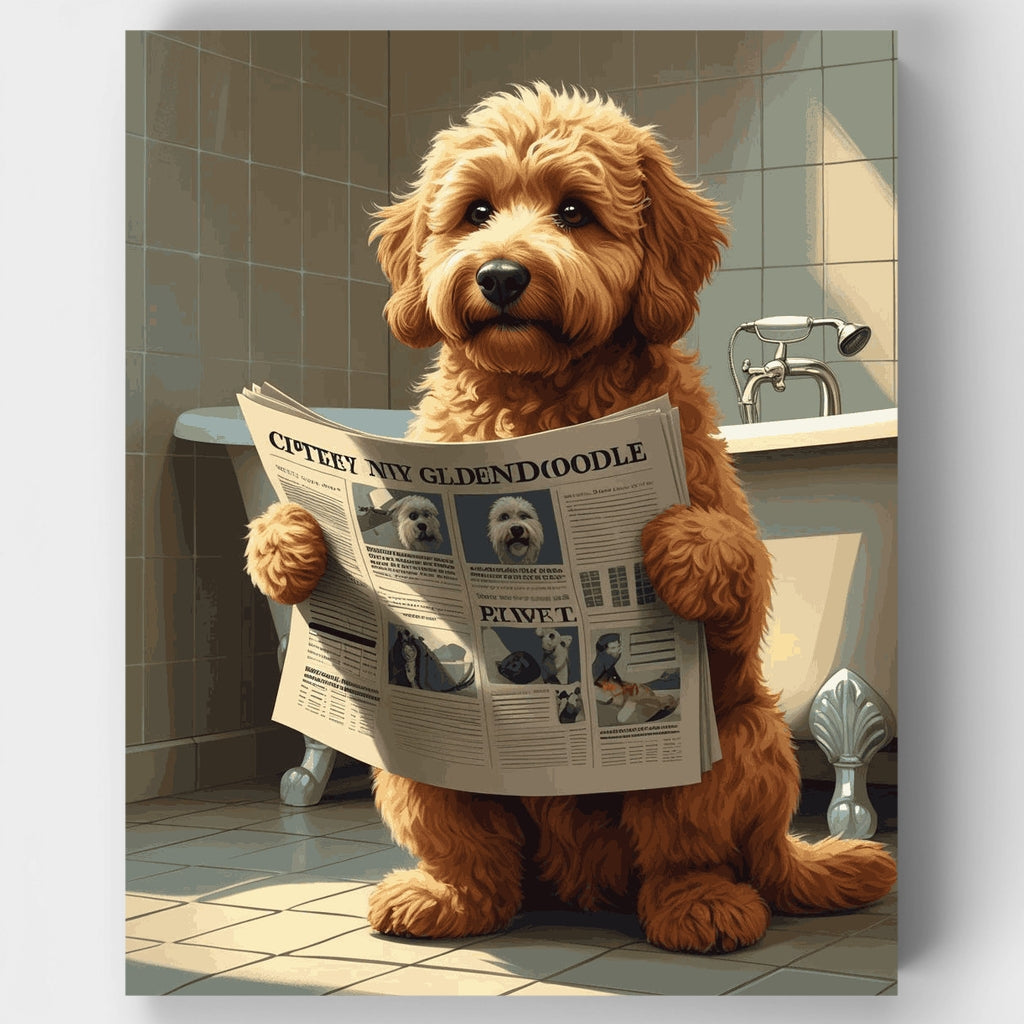 Goldendoodle leyendo el periódico en el baño - Kit de pintura por números — Estándar