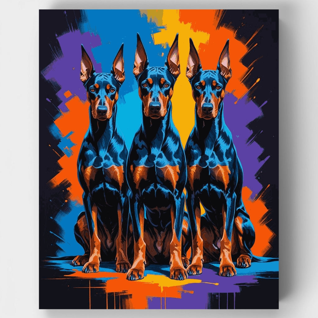 Tres dóbermans con fondo de salpicaduras vibrantes - Kit de pintura por números — Estándar