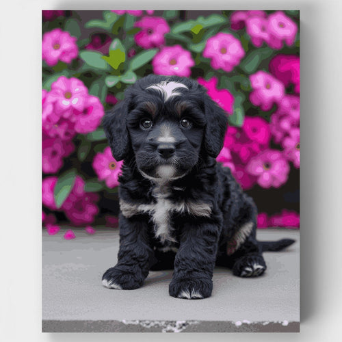 Adorable Black Cockapoo Puppy with Pink Flowers - Paint by Numbers Kit
