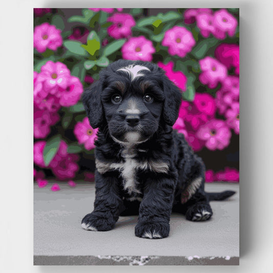 Adorable Black Cockapoo Puppy with Pink Flowers - Paint by Numbers Kit