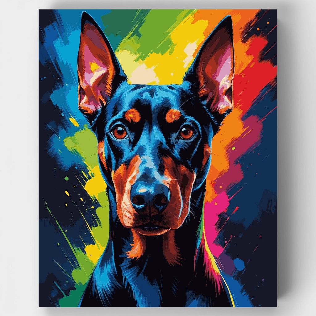 Dóberman colorido con salpicaduras arcoíris - Kit de pintura por números — Estándar