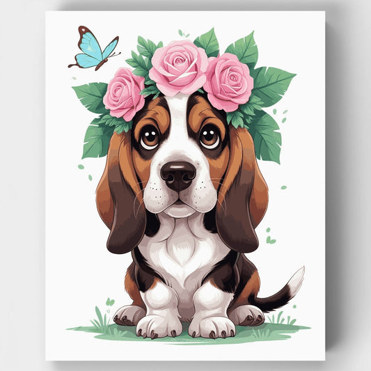 Beagle Puppy with Roses and Butterfly - Paint by Numbers Kit