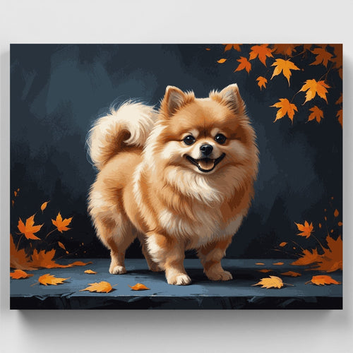 Fluffy Pomeranian in Autumn Leaves - Paint by Numbers Kit