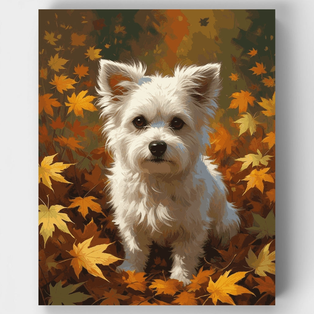 Terrier blanco en hojas de otoño - Kit de pintura por números — Estándar