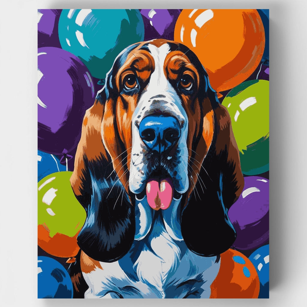 Basset Hound con globos de colores - Kit de pintura por números — Estándar