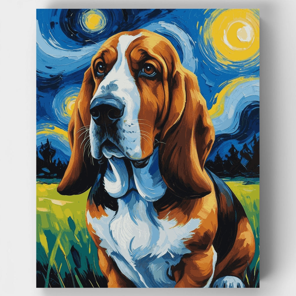 Basset Hound al estilo de La noche estrellada - Kit de pintura por números — Estándar