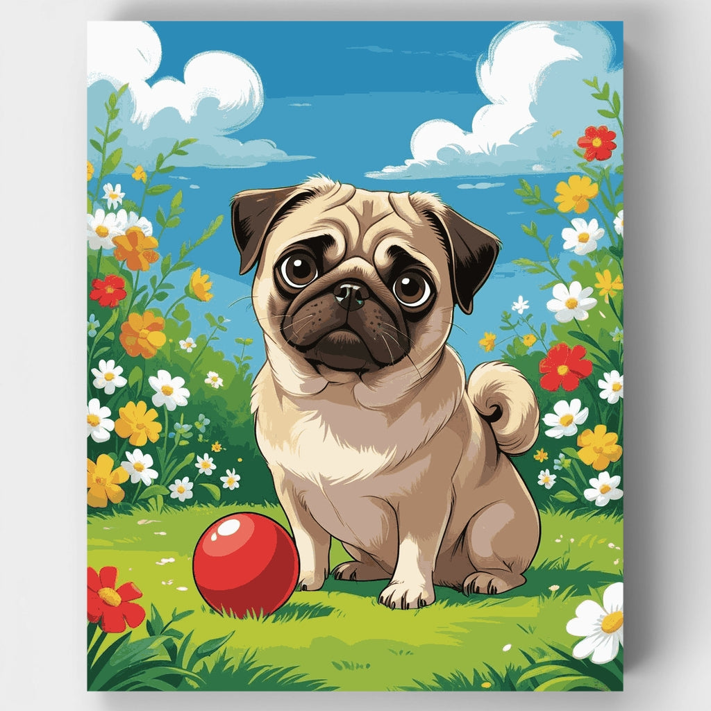 Adorable pug en un jardín de flores - Kit de pintura por números — Estándar