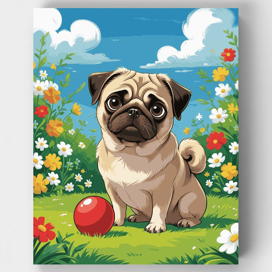 Adorable Pug in a Flower Garden - Paint by Numbers Kit