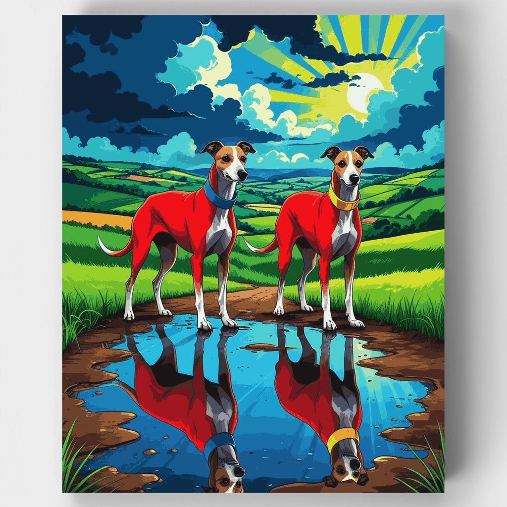 Two Greyhounds in Red Coats - Paint by Numbers Kit