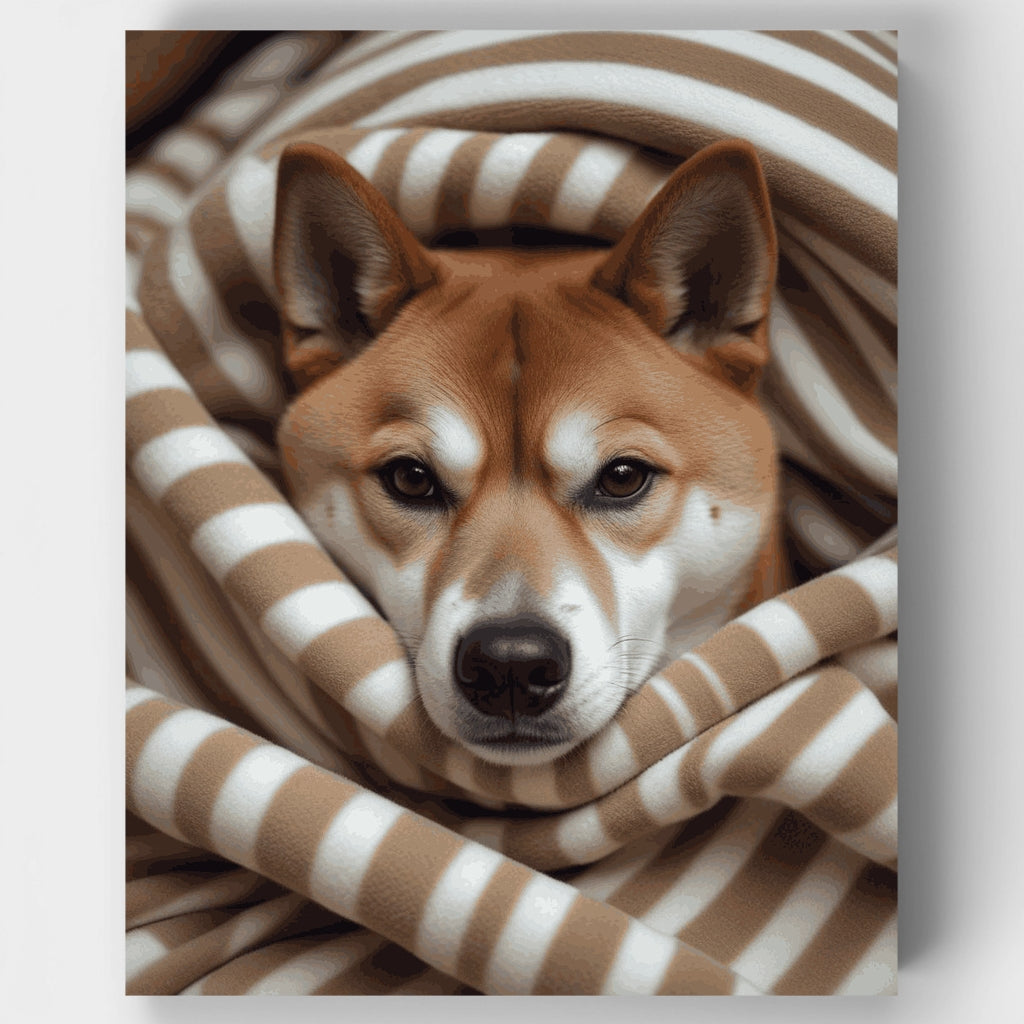 Shiba Inu acogedor en manta a rayas - Kit de pintura por números — Estándar