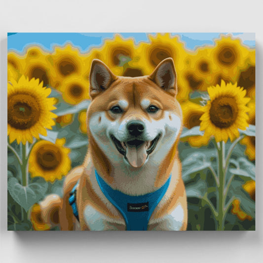 Happy Shiba Inu in Sunflower Field - Paint by Numbers Kit