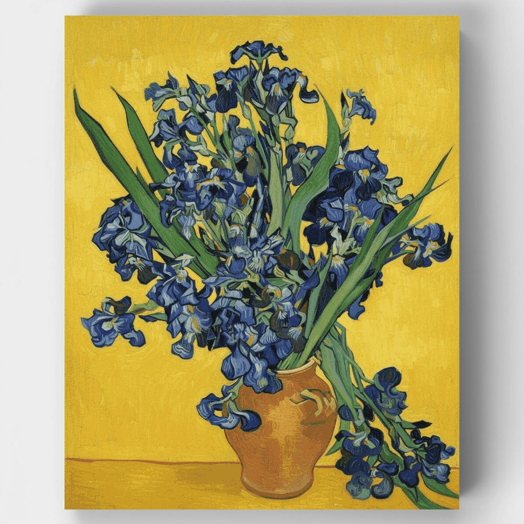Vase with Irises Against a Yellow Background - Paint by Numbers Kit