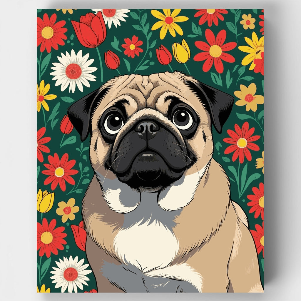Pug en jardín de flores - Kit de pintura por números — Estándar