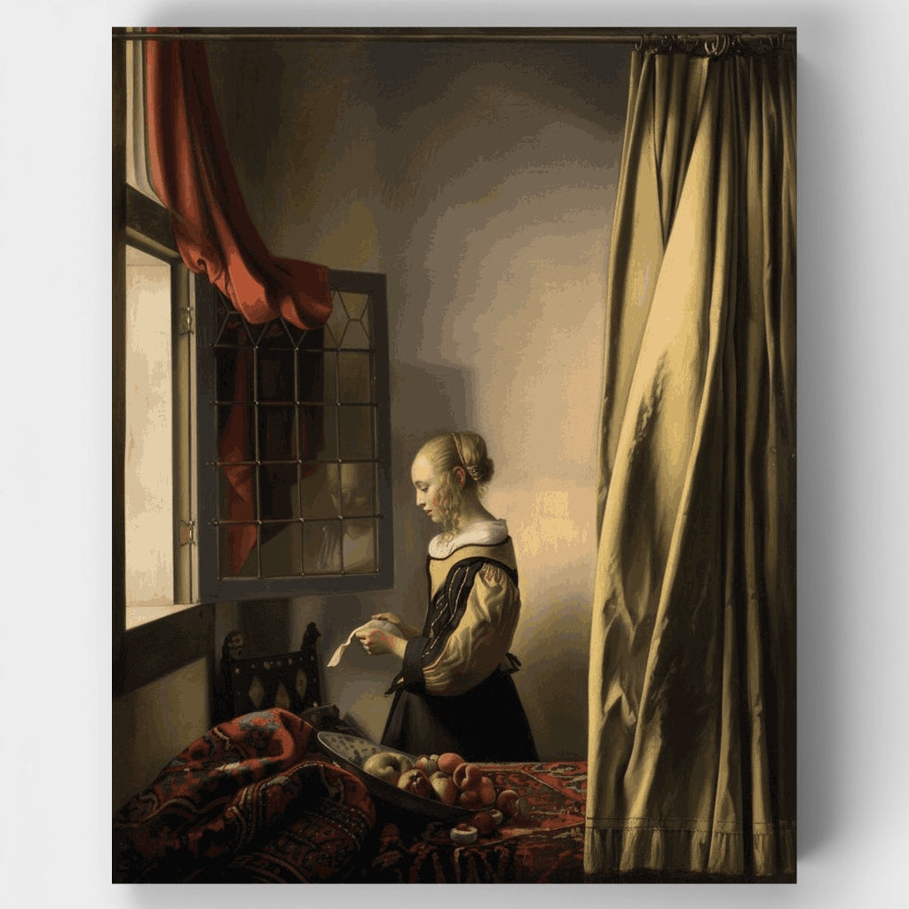 Muchacha leyendo una carta ante una ventana abierta - Kit de pintura por números — Estándar