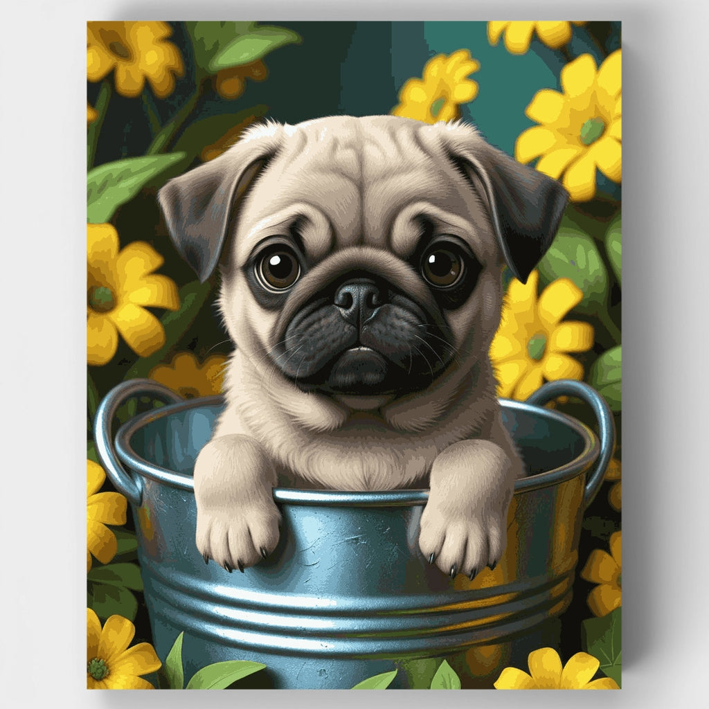 Cachorro de pug adorable en jardín de flores - Kit de pintura por números — Estándar