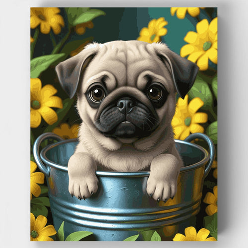 Adorable Pug Puppy in Flower Garden - Paint by Numbers Kit