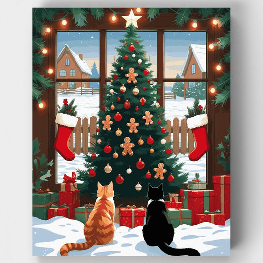 Cats Watching Christmas Tree - Paint by Numbers Kit