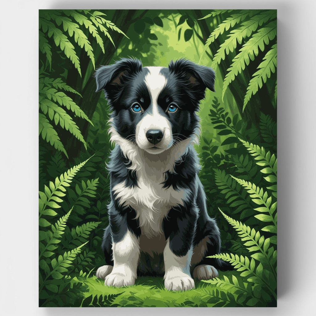 Kit de pintura por números: cachorro de border collie entre helechos — Estándar