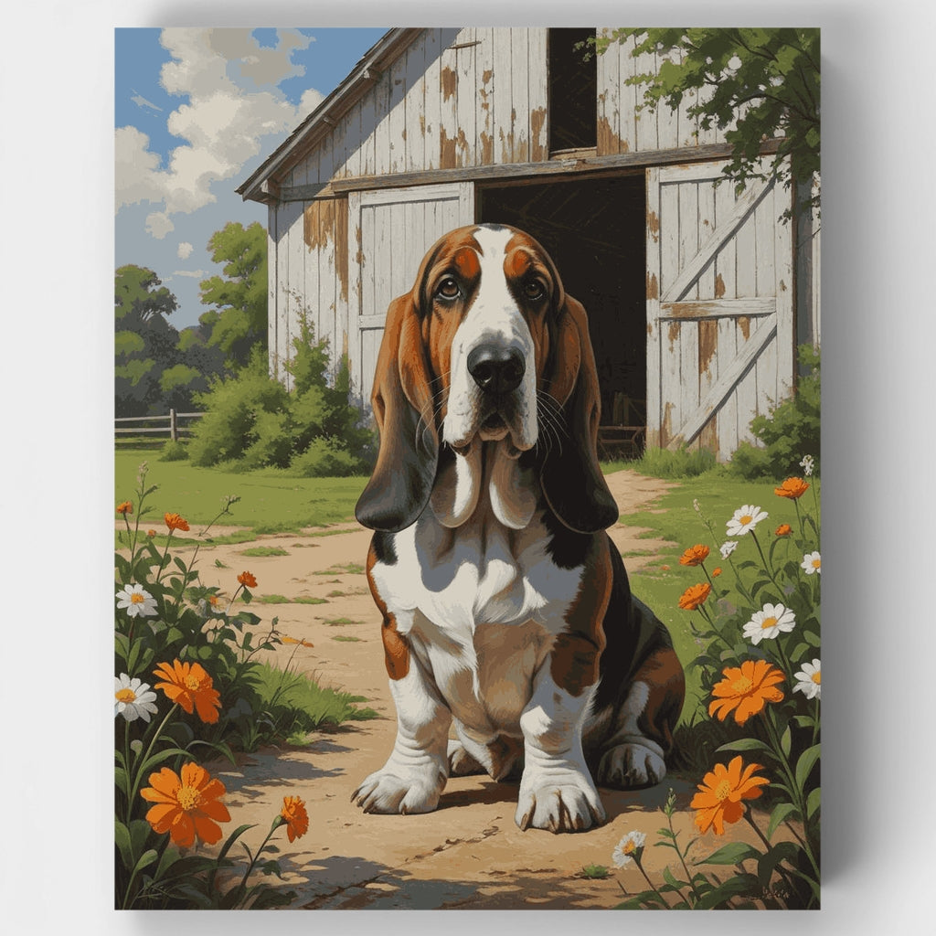Basset Hound junto al granero - Kit de pintura por números — Estándar