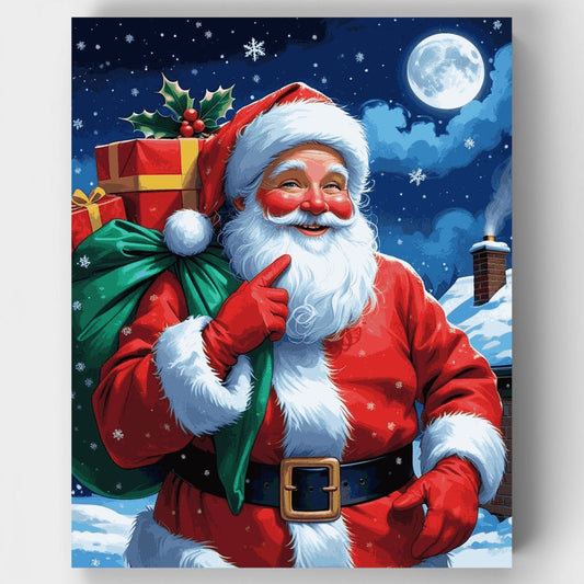 Santa Claus with Gift Sack on Rooftop - Paint by Numbers Kit