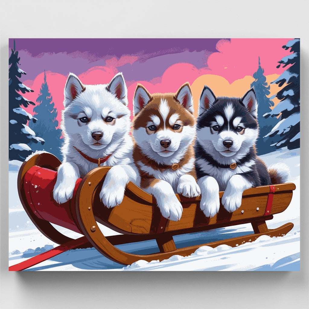 Cachorros Husky en un trineo de invierno - Kit de pintura por números — Estándar