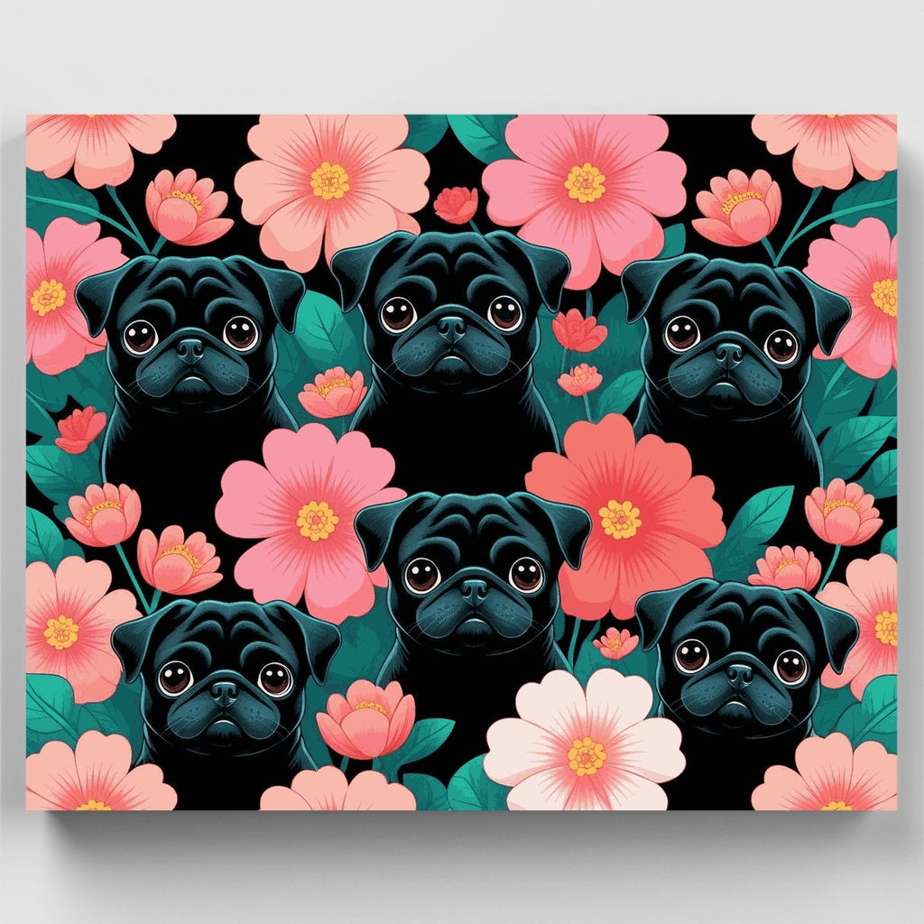 Pugs negros y flores rosas - Kit de pintura por números — Estándar