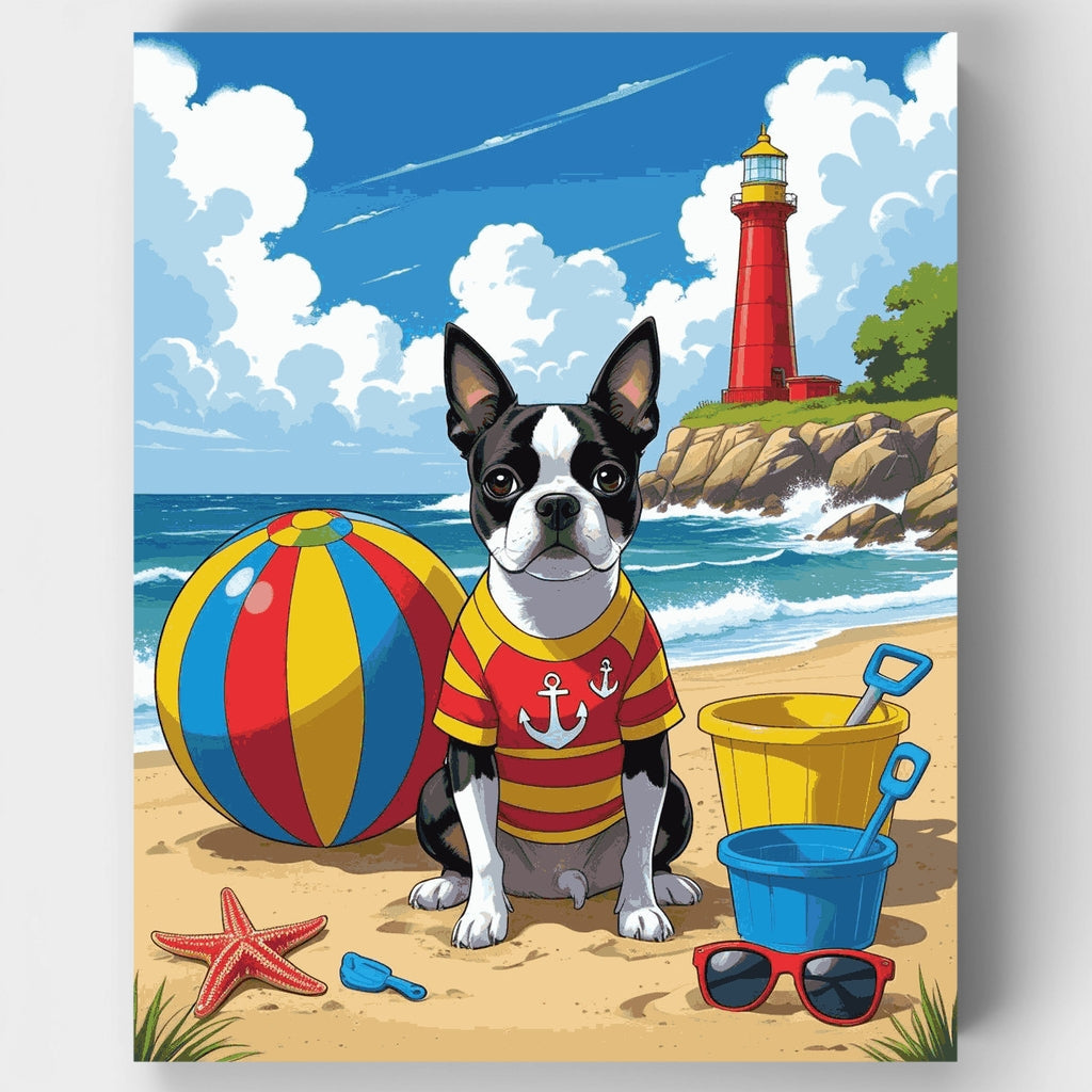 Kit de pintura por números: Día de playa de Boston Terrier — Estándar