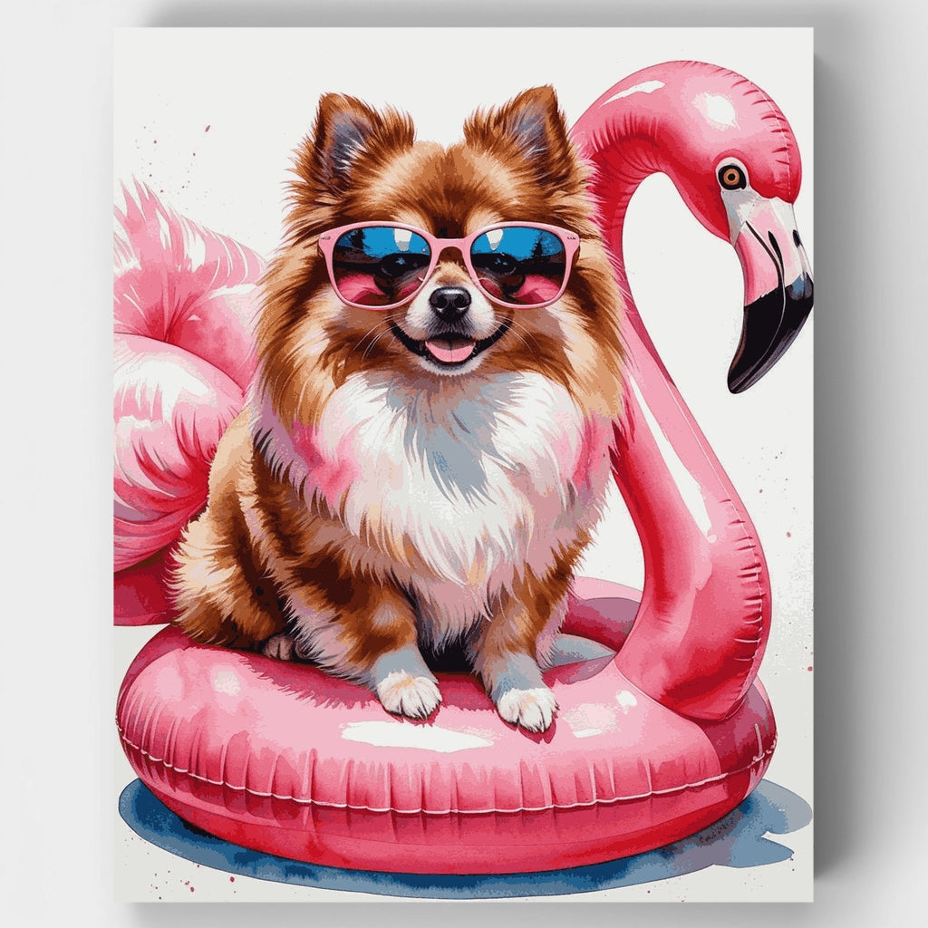 Kit de pintura por números: pomerania en flotador de flamenco — Estándar