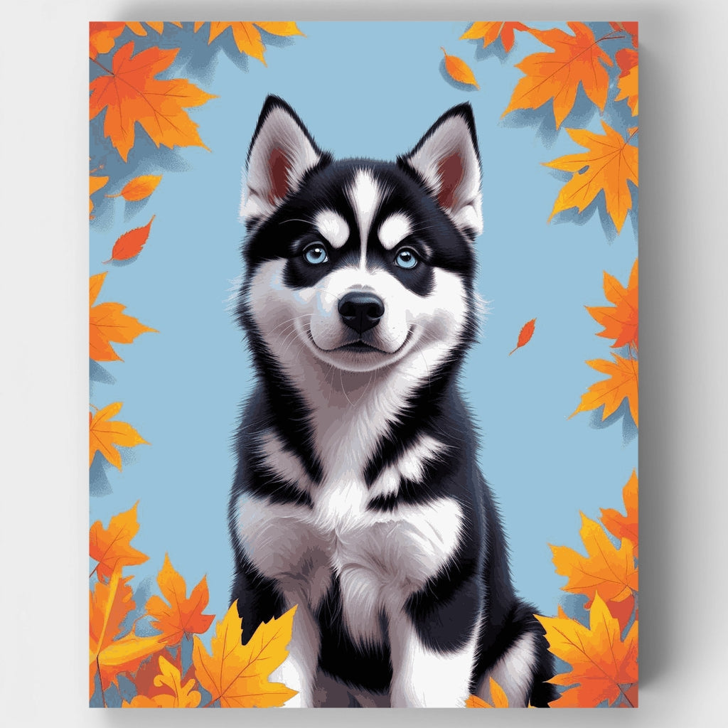 Cachorro de Husky en hojas de otoño - Kit de pintura por números — Estándar