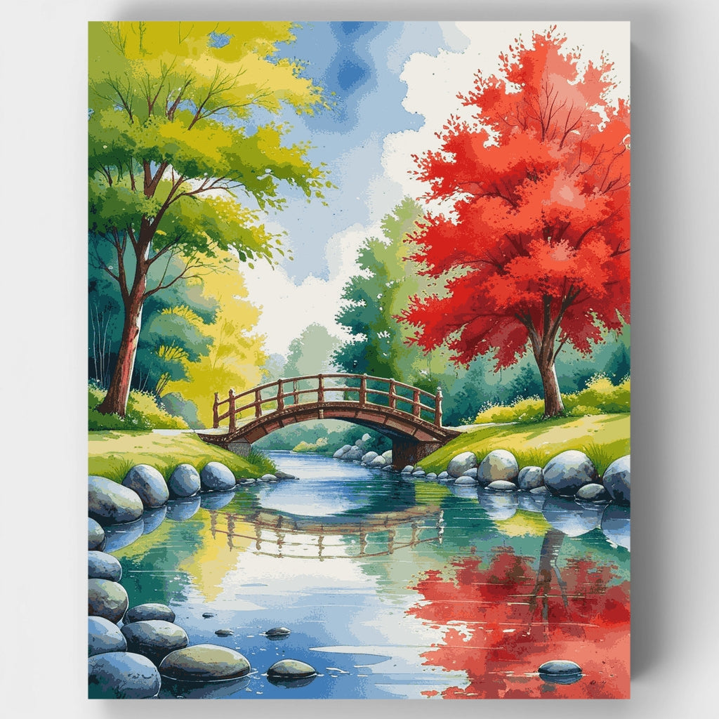 Kit de pintura por números: Puente en jardín sereno (acuarela) — Estándar