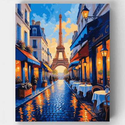 Parisian Street with Eiffel Tower at Dusk - Paint by Numbers Kit