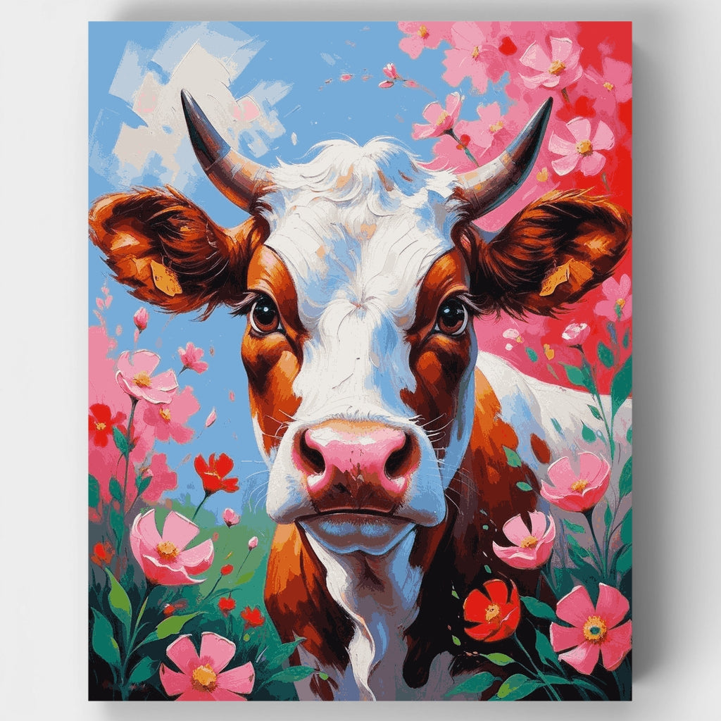 Vaca alegre con flores rosas - Kit de pintura por números — Estándar