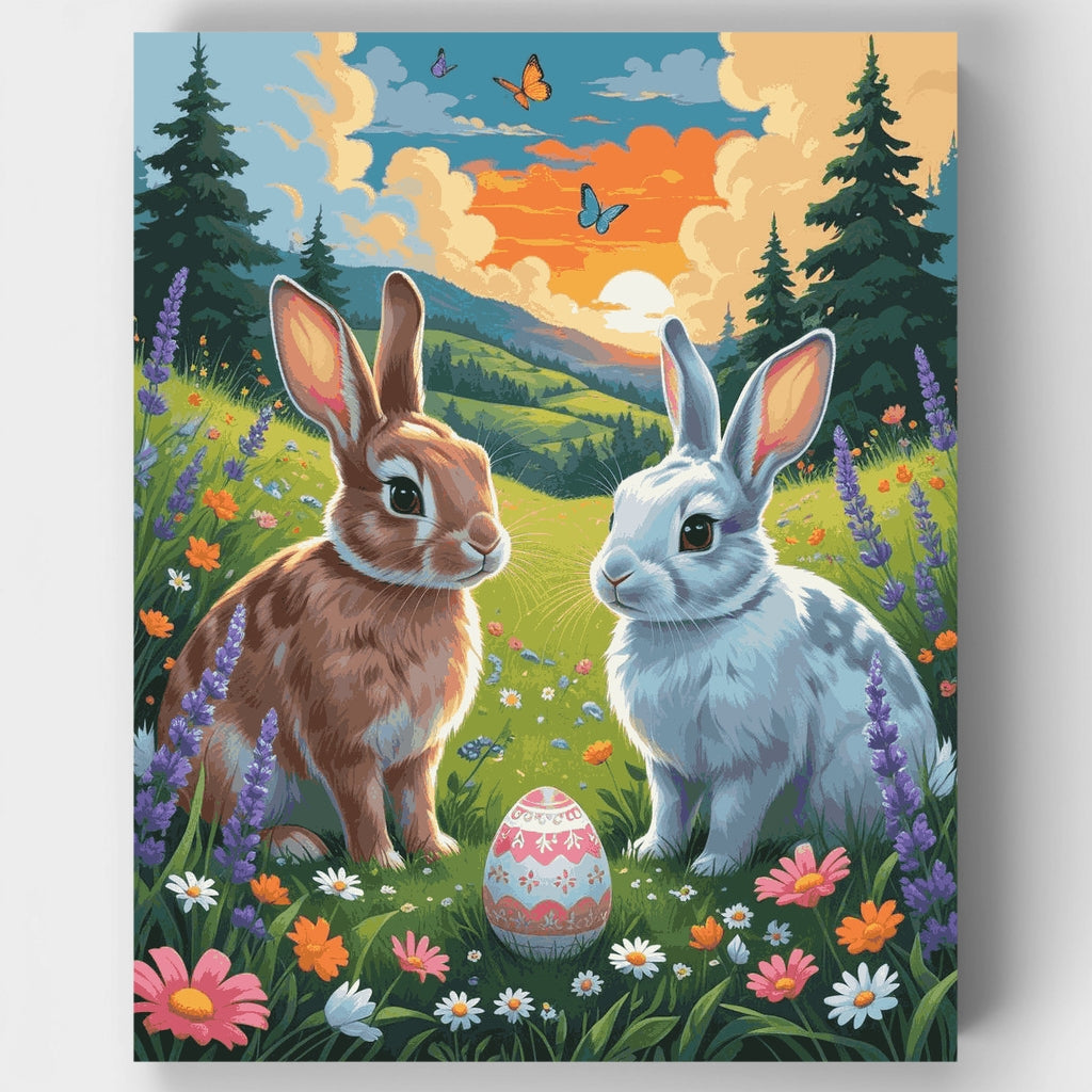 Easter Bunnies in Mountain Meadow - Paint by Numbers Kit