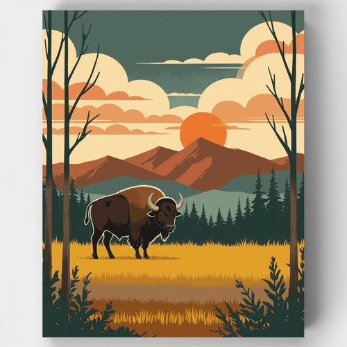 Bison in Mountain Wilderness at Sunset - Paint by Numbers Kit