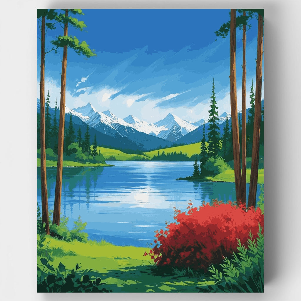 Picos nevados y lago en el bosque del Parque Nacional Olympic - Kit de pintura por números — Estándar