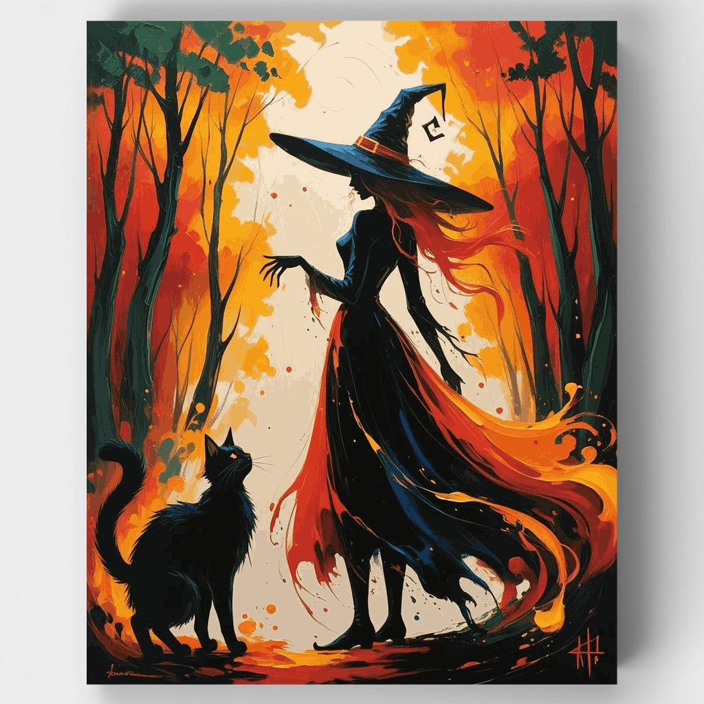Witch and Black Cat in Autumn Forest - Paint by Numbers Kit