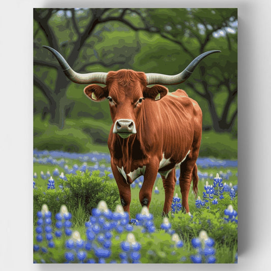 Texas Longhorn in Spring Meadow - Paint by Numbers Kit