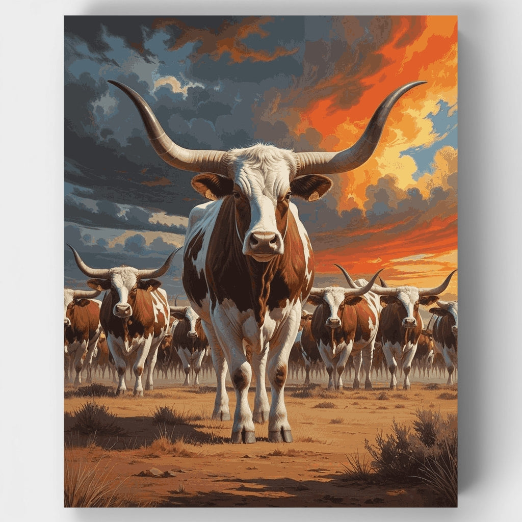 Majestuosa manada de cuernos largos al atardecer - Kit de pintura por números — Estándar