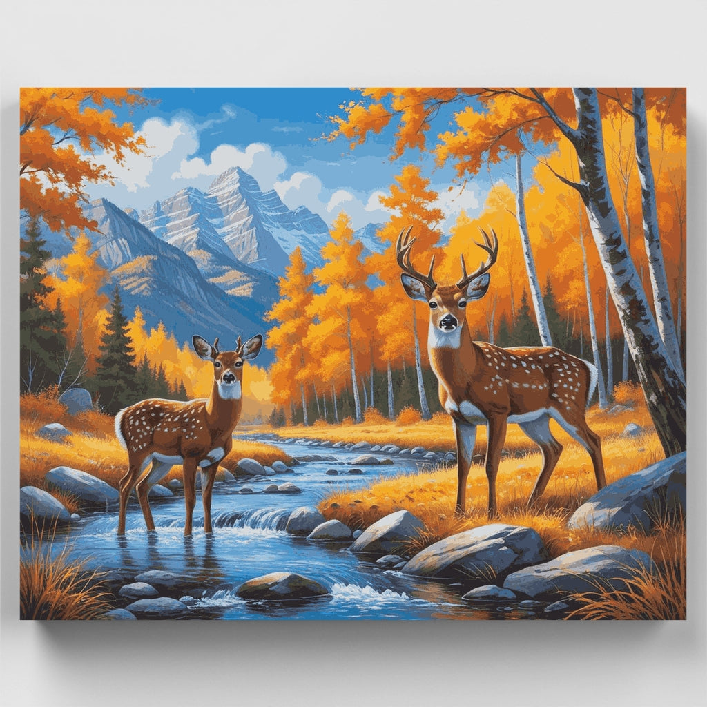 Ciervo en otoño junto al arroyo de montaña - Kit de pintura por números — Estándar