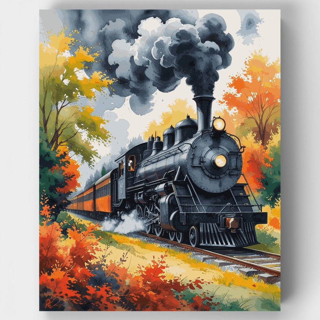 Kit de pintura por números: Tren de vapor en otoño (acuarela) — Estándar