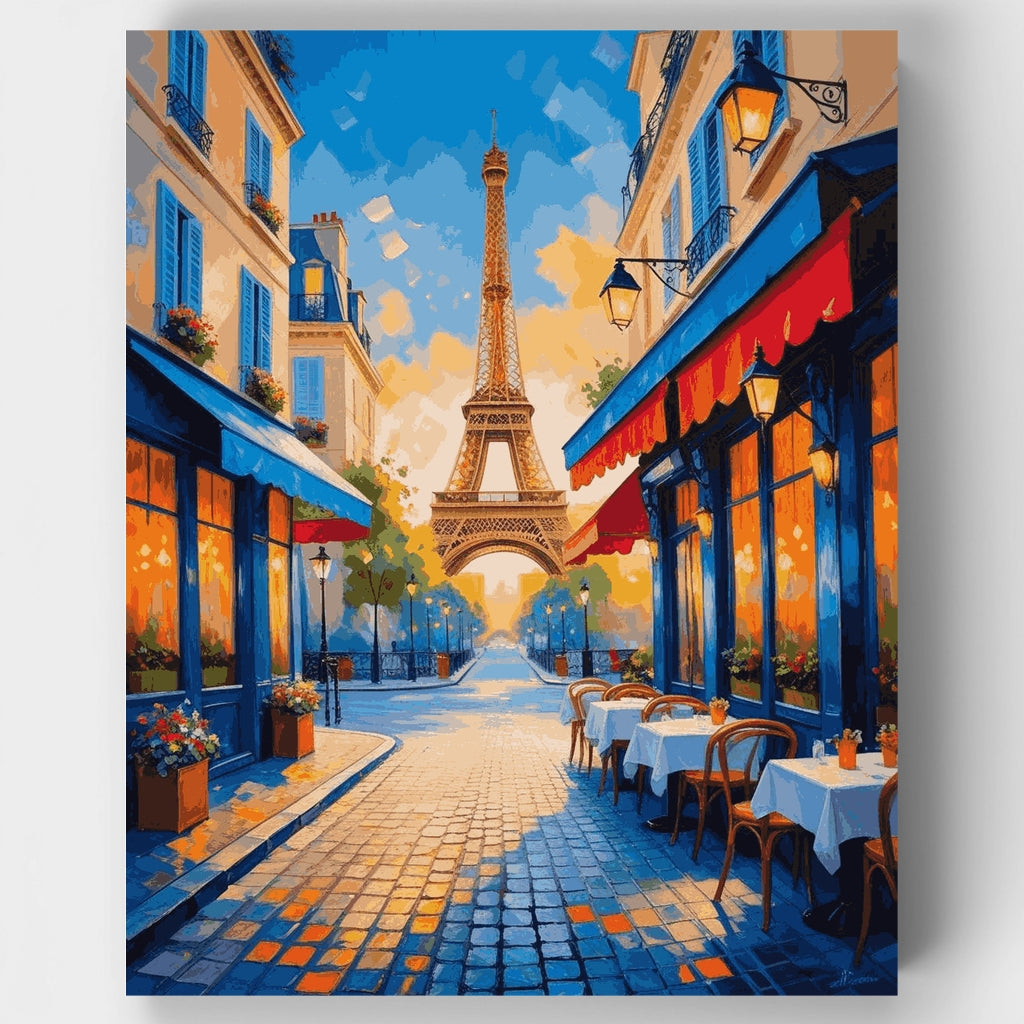Calle de café parisino vibrante con la Torre Eiffel - Kit de pintura por números — Estándar